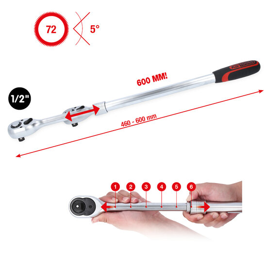 KS Tools 1/2&quot; Omschakelbare Ratel Uitschuifbare Telescoop Extra Lang 914.1205 (2)